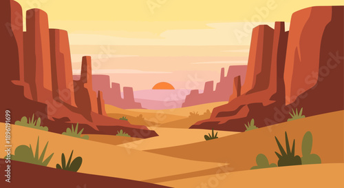 Desert Landscape with Rocky Formations and Sunset.