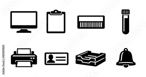 Collection of technology and office supply icons: monitor, clipboard, comb, test tube