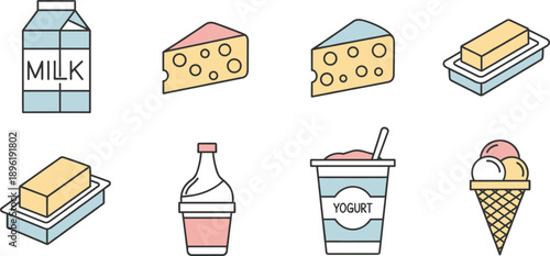 Dairy Food Illustration Set with Milk Cheese Butter Yogurt and Ice Cream Isolated on White Background