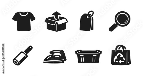 Clothing and household icons: shirt, box, tags, magnifying glass, lint roller, iron, basket, recycle bag