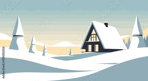 Serene Winter Landscape with Snowy Cottage and Trees.
