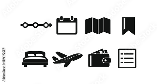 Travel icons set: booking, schedule, map, bookmark, bed, flight, wallet, list