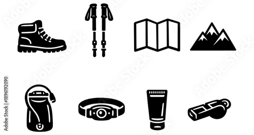 Hiking gear icons: boots, poles, map, mountains, hydration, headlamp, sunscreen, whistle