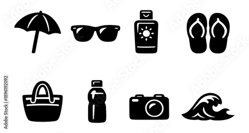 Beach essentials: umbrella, sunglasses, sunscreen, flip-flops, bag, water, camera, waves