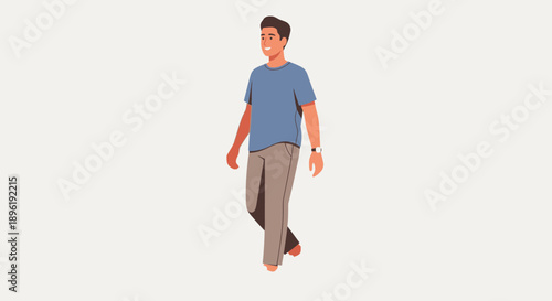 A young man walking alone in a casual outfit.