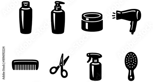 Haircare items: shampoo, conditioner, hairdryer, comb, scissors, spray bottle, hairbrush icons