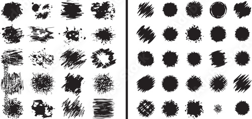 A comprehensive set of expressive black ink scribbles and ink blots featuring textured circular spots, messy hatch marks, and organic splatters for an edgy, hand-drawn graphic aesthetic.