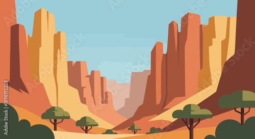 Desert Landscape with Rocky Formations and Trees.