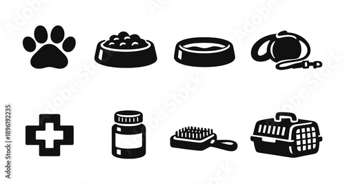 Pet care icons: food, accessories, health supplies for cats and dogs