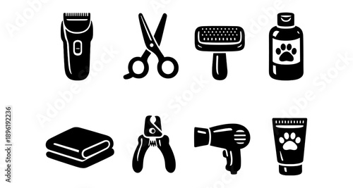 Essential grooming tools for pet care: clippers, scissors, brush, shampoo, towel, nail clipper, dryer, conditioner