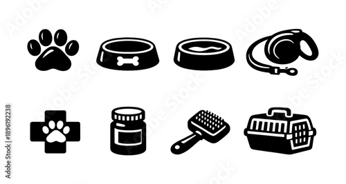 Pet care essentials: bowls, leash, vet, pills, brush, carrier icons