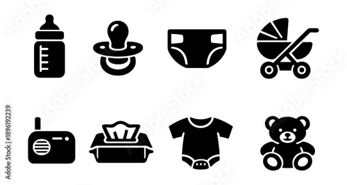 Baby essentials icons set: bottle, pacifier, diaper, stroller, monitor, wipes, onesie, teddy