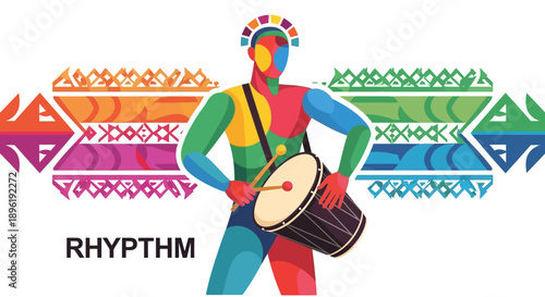 Vibrant Drummer Illustration with Cultural Patterns and Rhythm.