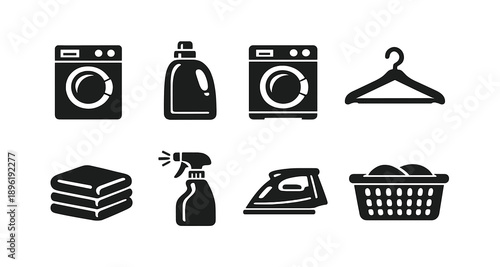 Black laundry icons: washing machines, detergent, iron, hanger, basket, towels