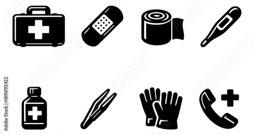 Medical supplies icons: first aid, bandage, gauze, thermometer, medicine, tweezers, gloves, emergency