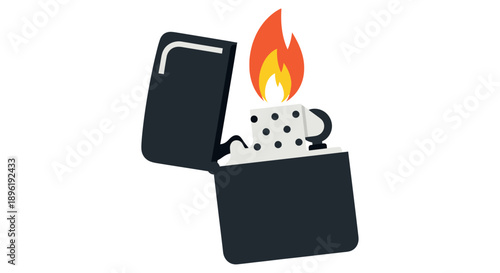 A black lighter with an open lid and a flame burning.