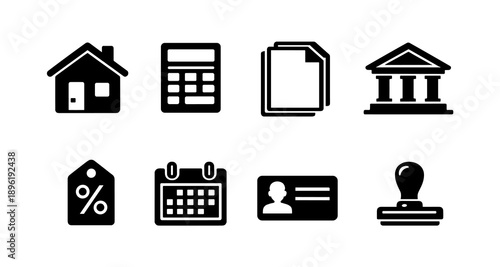 Icons set: house, calculator, documents, bank, discount, calendar, id, stamp