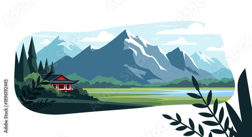 Serene landscape with mountains and a small house by the river.