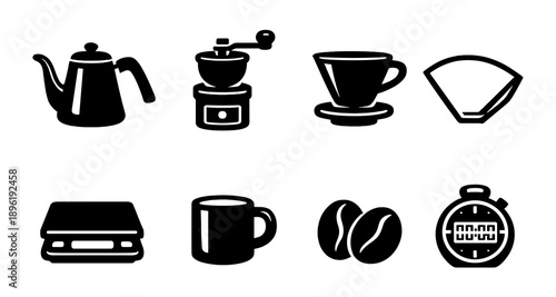 Coffee brewing set: kettle, grinder, mug, filter, beans, timer, scale