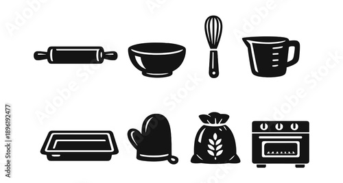 Baking tools icons: rolling pin, bowl, whisk, measuring cup, oven mitt, baking pan