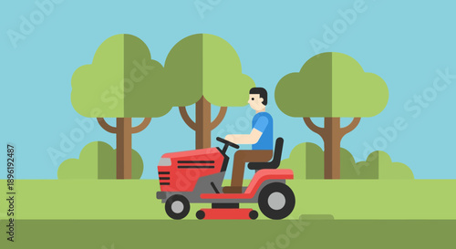 Man operating red lawn mower in a green park with trees.