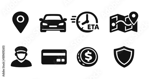 Transportation and navigation icons: car, map, payment, and security symbols