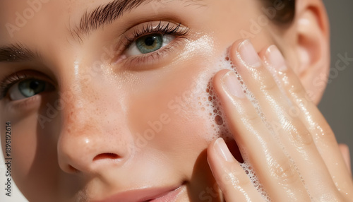 Woman cleansing face with soap for clear skin