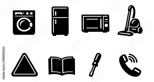 Home appliance and tool icons: washer, fridge, microwave, vacuum, and more