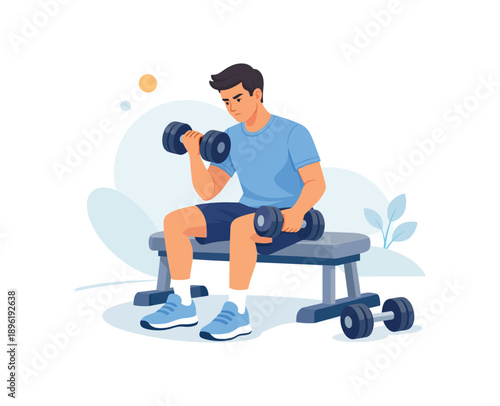Man weightlifting on bench with dumbbells, flat vector illustration