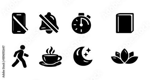 Minimalist icon set: silent mode, timer, walking, coffee, night, meditation