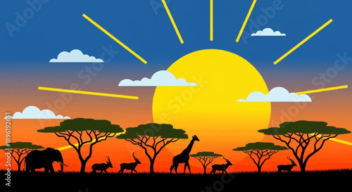 Serene African Savannah Sunset with Wildlife Silhouettes.