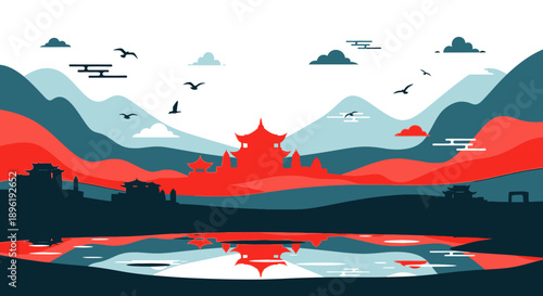Serene landscape with red pagoda and mountains.