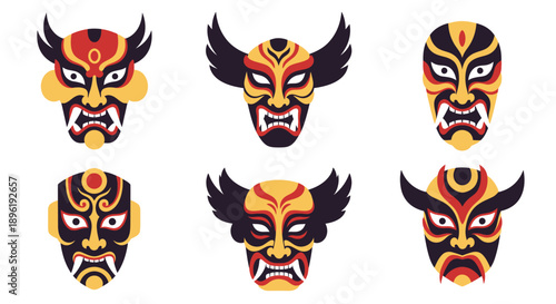 Collection of Traditional Chinese Opera Masks with Various Expressions.