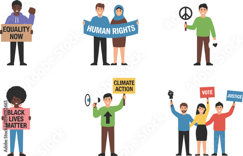 Protest and Social Justice Illustration Set Featuring Equality, Human Rights, Climate Action, Vote and Black Lives Matter Signs