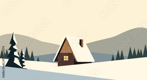 Serene Winter Landscape with Cozy Cabin and Snowy Mountains.