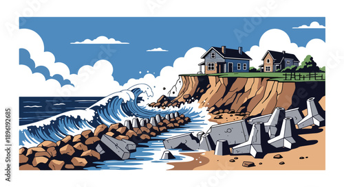 Modern vector illustration of coastal erosion damaging cliffs and homes, highlighting rising sea levels, climate risks, and shoreline protection