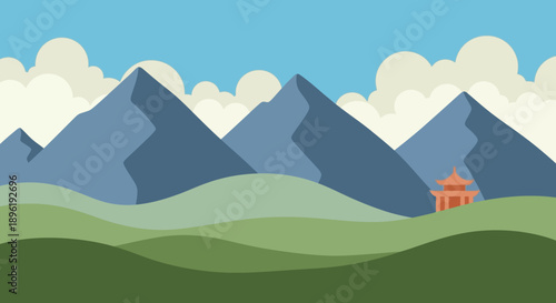 Serene landscape with mountains and small temple.
