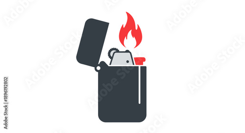 A black lighter with its lid open and a flame burning brightly.