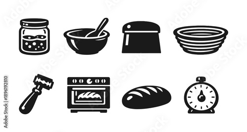 Bread baking process: ingredients and tools icons set