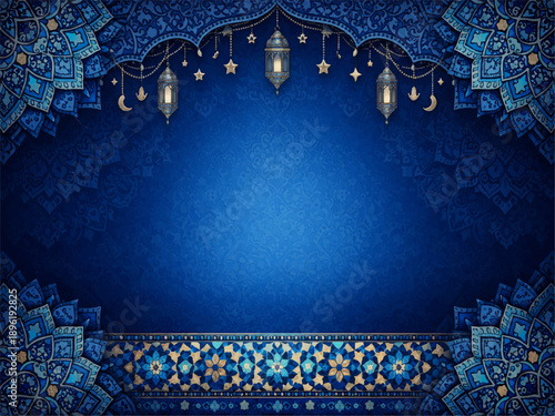  Ramadan and Eid Dark blue background with gold vintage floral ornament design vector illustration luxury card decor border texture banner