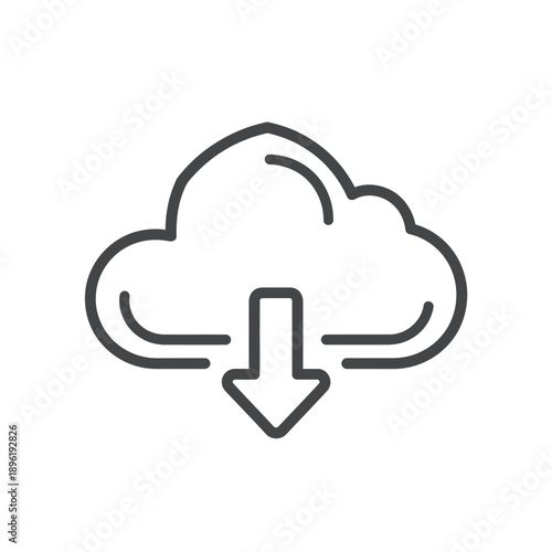 Minimalist outline icon depicting cloud computing download for digital data access and storage solutions, perfect for technology concepts and web services