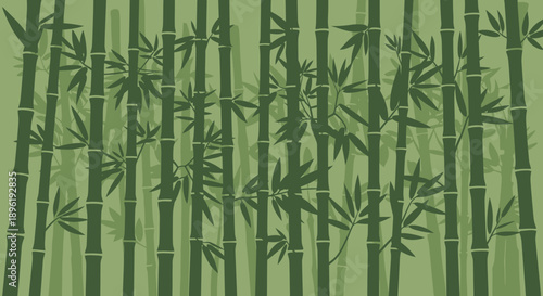 Bamboo forest with green stalks and leaves pattern.