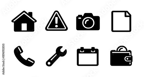 Collection of various black icons on white background