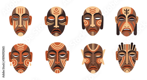 African tribal masks collection with various designs and patterns.