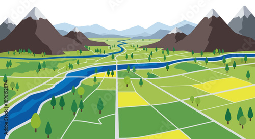 Serene landscape with river and mountains in the background.