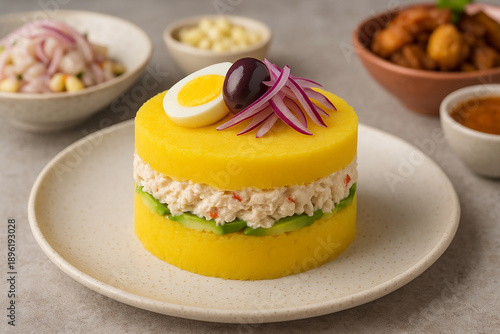 Peruvian Food Causa Rellena stock photo