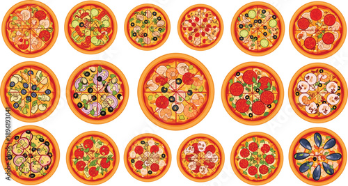 Top View Pizza Collection Featuring Pepperoni, Vegetable, Margherita, Mushroom, Olive and Mixed Topping Variations