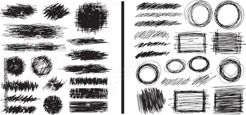 A comprehensive set of hand-drawn vector elements featuring various black ink textures, hatched rectangles, and scribbled circular frames in minimalist sketch and expressive charcoal styles.