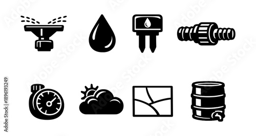 Irrigation system icons: sprinkler, drip, timer, connector, rain, soil, barrel, hose