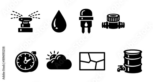 Water conservation icons: sprinkler, droplet, valve, timer, cloud, soil, barrel